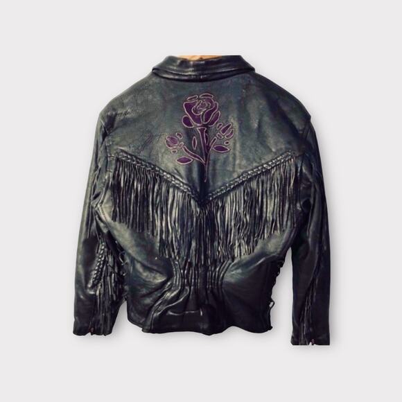 Vintage Black Leather Fringe Motorcycle Jacket with Embroidery Large - Picture 12 of 12